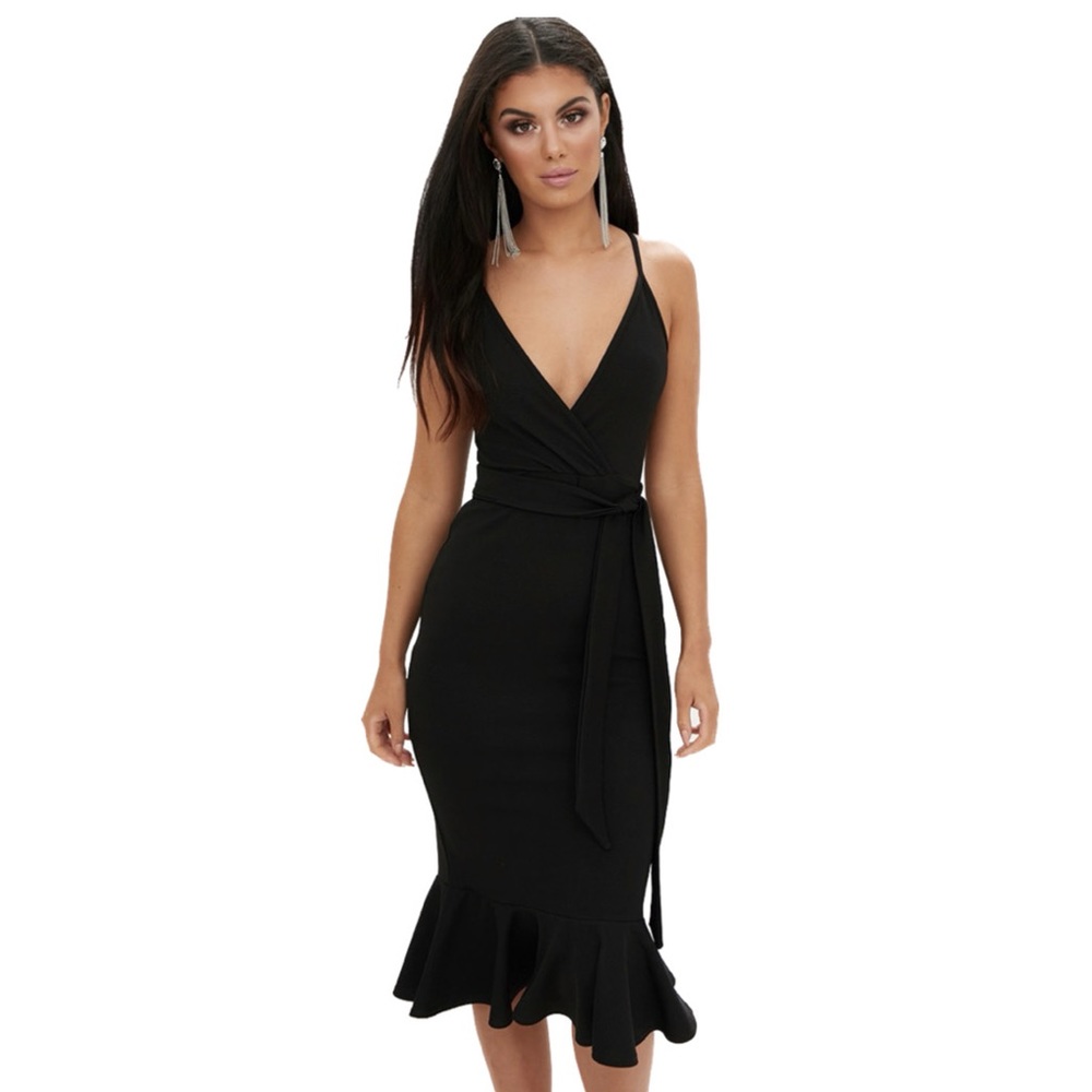 Black Strappy Tie Waist Fishtail Midi Dress